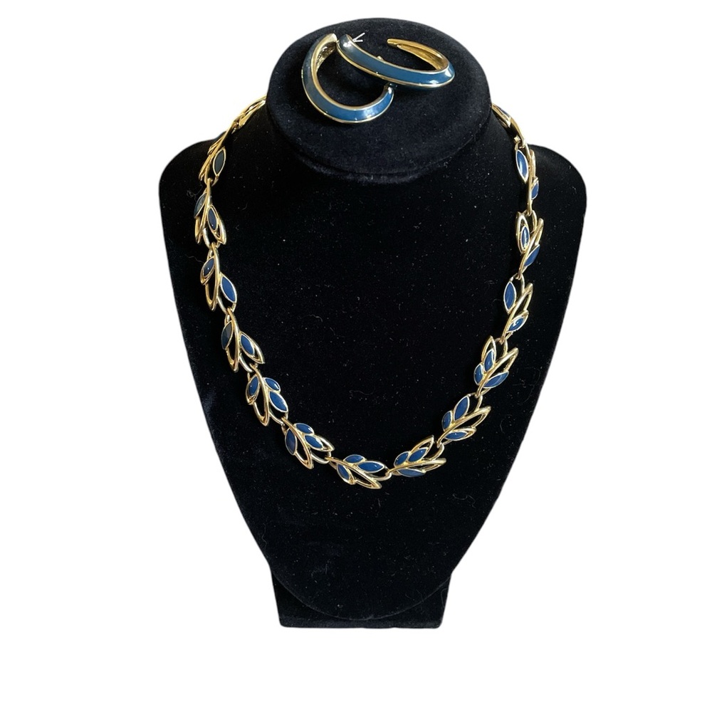 Trifari Gold Tone Navy Blue Enamel Necklace and Earrings